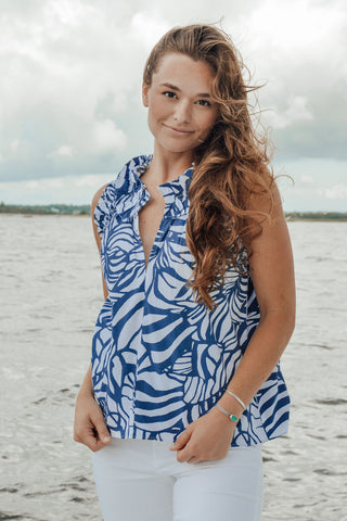 Butterfly Ruffle Top - Abstract Floral - Navy/White