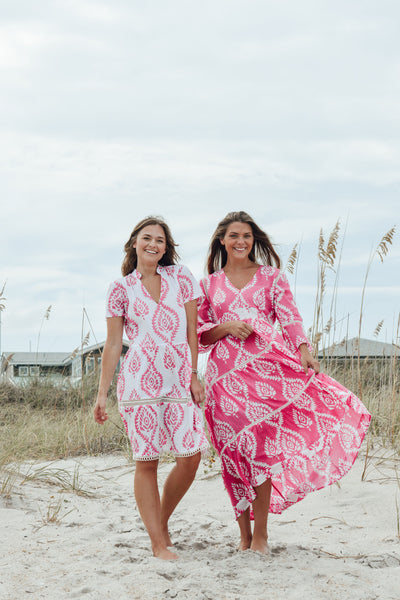 Water Mill Dress- Batik Leaf- Pink/White