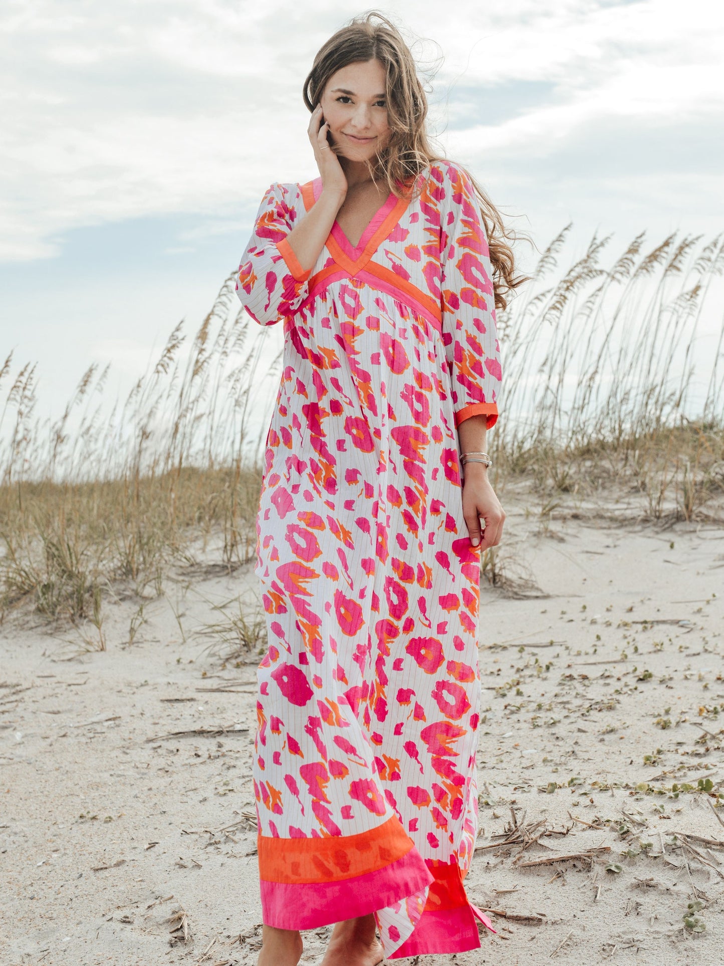 Sarah Maxi Dress- Leopard- White/Pink/Orange