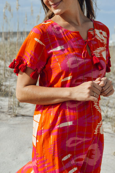 Maharani Maxi Dress - Ikat Chandelier- Orange, Pink