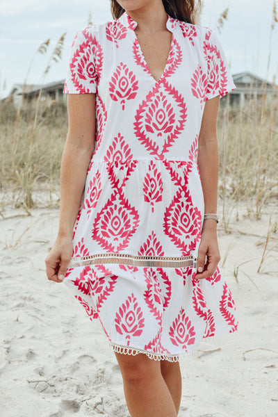Alison Short Sleeve Dress - Batik Leaf - Pink/White