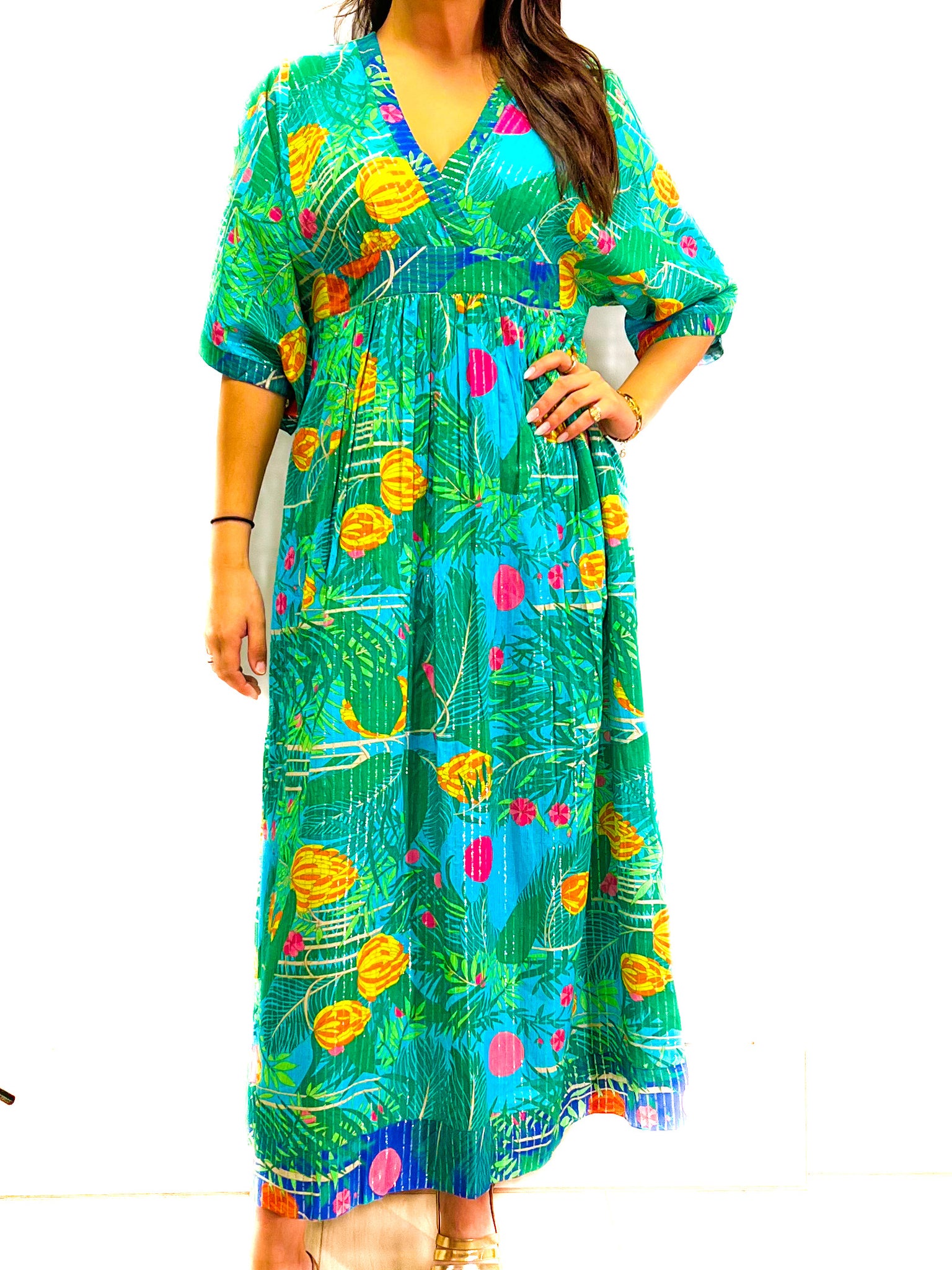 Vintage Kaftan Maxi Dress- Banana Jungle- Capri Turquoise
