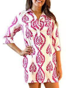 La Jolla Dress - Batik Leaf -Pink/White