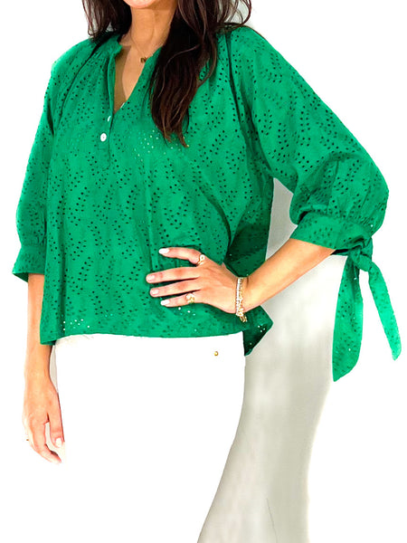 Margot Top With Tie Sleeves - Schiffli Eyelet- Green