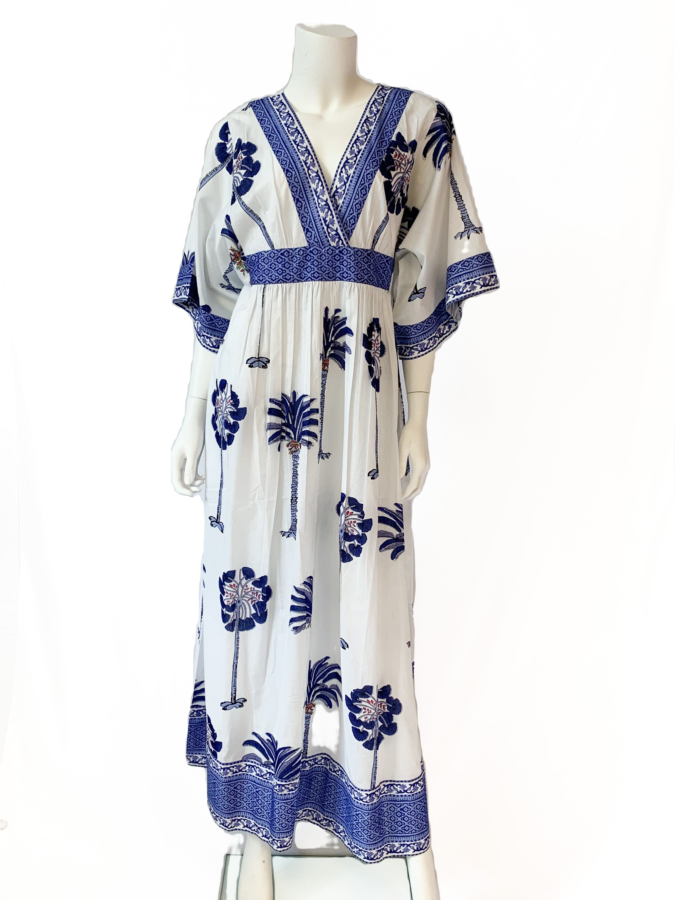 Vintage Kaftan Maxi Dress in South Carolina Palm Print White, Navy and La Plage Vintage Kaftan Maxi Dress in South Carolina Palm Print White, Navy and La Plage
