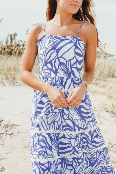 Beaufort Strappy Maxi Dress, Abstract Floral Periwinkle & White