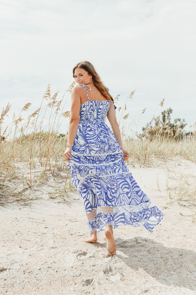 Beaufort Strappy Maxi Dress, Abstract Floral Periwinkle & White