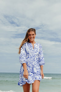 Jordan Tunic Dress, Abstract Floral Periwinkle & White
